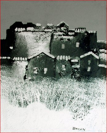 Manlio Bacosi (1921-1998): Winter — seeking shelter from a dark, cold, and threatening world (oil on canvas, 40 x 60cm)