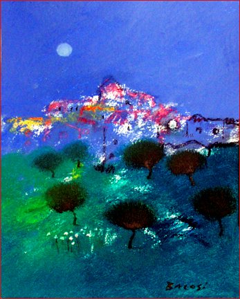Manlio Bacosi (1921-1998): Slowly rising moon — unreality of transient colors (oil on canvas, 35 x 45cm)