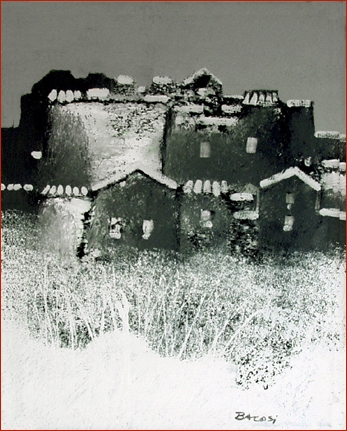 Manlio Bacosi (1921-1998): Winter — seeking shelter from a dark, cold, and threatening world (oil on canvas, 40 x 60cm)