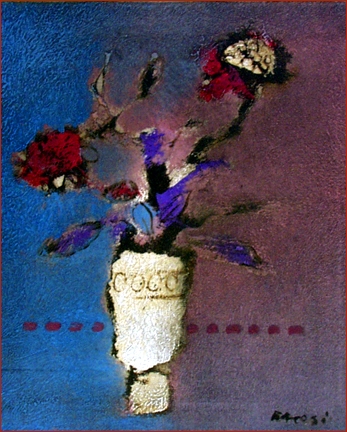 Manlio Bacosi (1921-1998): Cut flowers in a vase — rapid conversion of life and beauty (oil on canvas, 35 x 45cm)