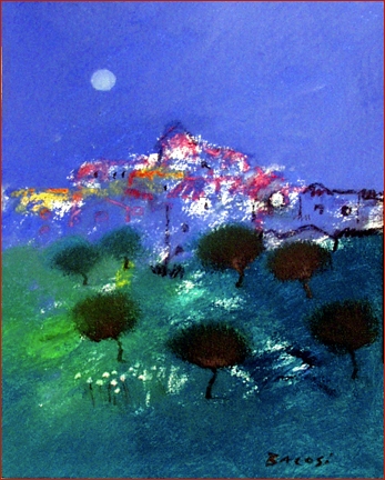 Manlio Bacosi (1921-1998): Slowly rising moon — unreality of transient colors (oil on canvas, 35 x 45cm)